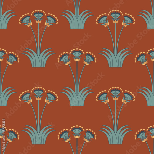 Seamless floral pattern with blooming branches. Papyrus plant. Lily blossom. Ancient Minoan floral ethnic design. On red background.