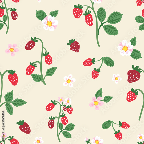 Seamless vector repeat pattern with strawberries and blossom on cream. Sophisticated illustration with red berries and pink flowers on beige ivory background