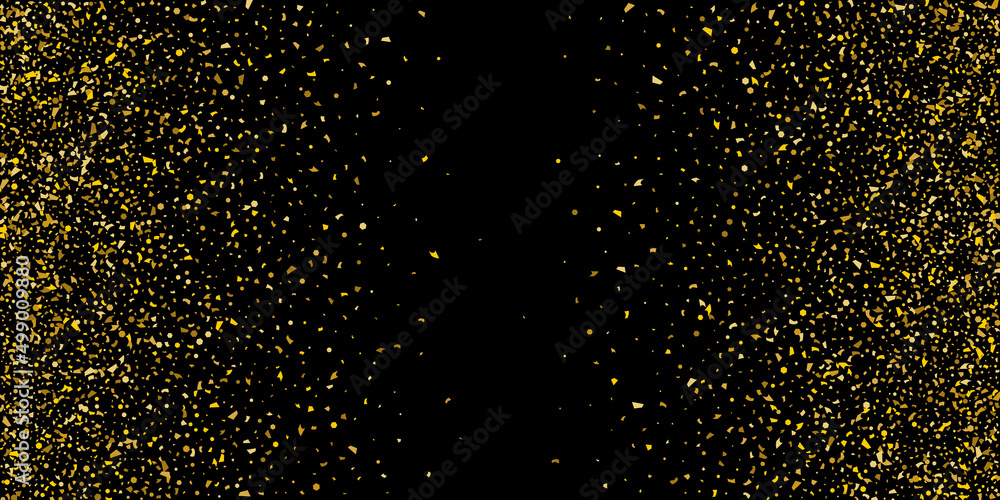 Golden glitter confetti on a black background. Illustration of a drop of shiny particles.