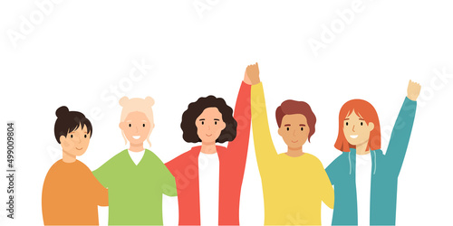 Girls standing together and holding hands. Group of female friends.