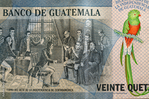 Qetzal bird, Guatemala currency symbol and name, Reverse of the 20 Quetzala banknote photo