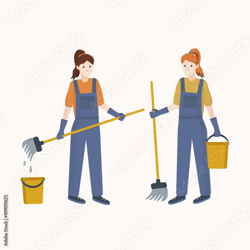 Cleaning workers. Professional cleaning staff, house cleaners and cleaning equipment. Home cleaning, housework. Cartoon vector isolated icons.