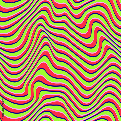 Psychedelic seamless vector pattern. Surreal distorted stripes. Abstract wavy background in metaverse nft style. Optical illusion with swirl glitch effect.