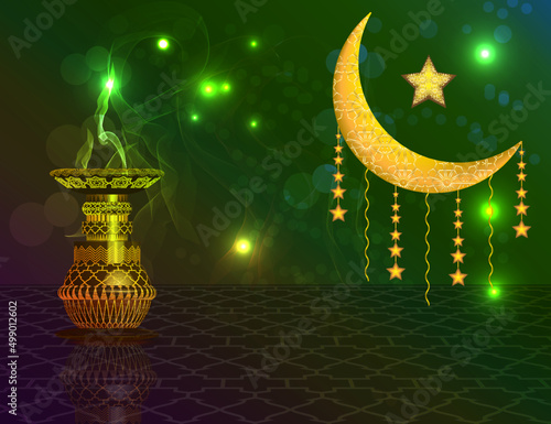 Eid Kareem background design vector with Mosque, minaret, stars, lights, censer and crescent on beautiful night view