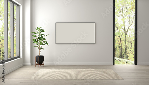 3D rendering of modern empty room interior .Plant pot. Parquet floor