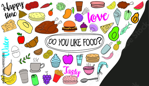Food doodles drawing with lettering in vector