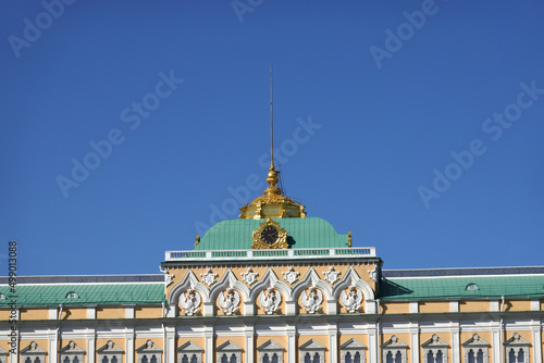 View to dome of Grand Kremlin Palace with spire on cupola front view in cloudless sunny bright day