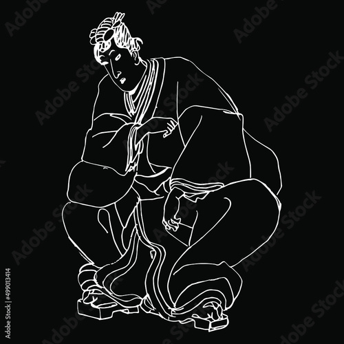 Seated Japanese man or samurai in kimono. Traditional retro style. Hand drawn linear sketch. White silhouette on black background.