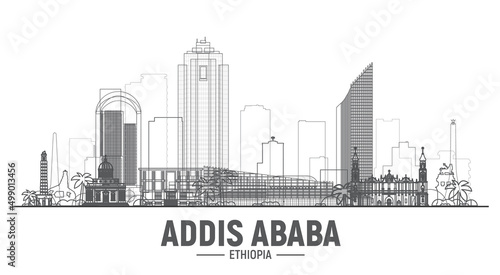 Addis Ababa ( Ethiopia ) line city skyline on white background. Stroke vector illustration. Business travel and tourism concept with modern buildings. Image for banner or website.
