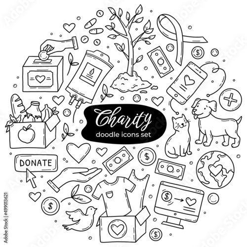 Charity and donations vector doodle icons set. Animal help, clothing, food and medicine, blood donation and awareness ribbon. Symbols of support in the hands. Money transfer from volunteers
