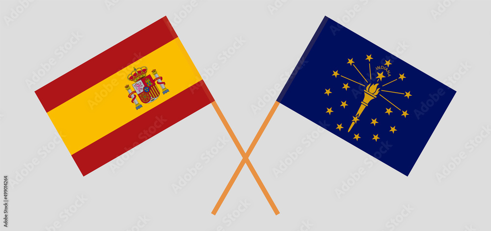Crossed flags of Spain and the State of Indiana. Official colors. Correct proportion Crossed flags of Spain and the State of Indiana. Official colors. Correct proportion