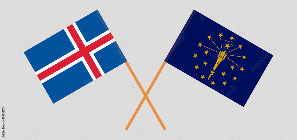 Crossed flags of Iceland and the State of Indiana. Official colors. Correct proportion