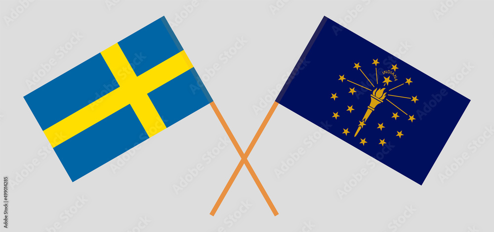 Crossed flags of Sweden and the State of Indiana. Official colors. Correct proportion
