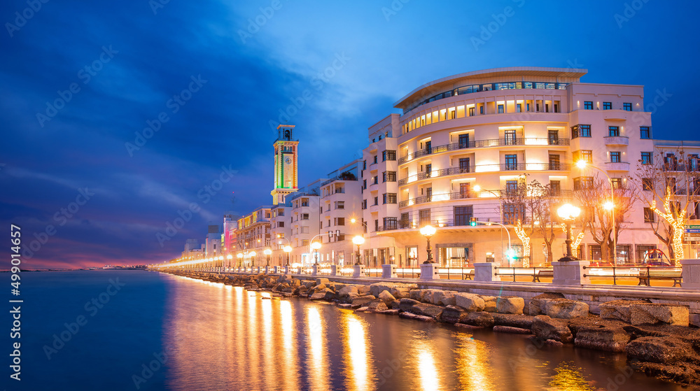 Panoramic view of Bari, Southern Italy, the region of Puglia(Apulia) seafront at dusk.