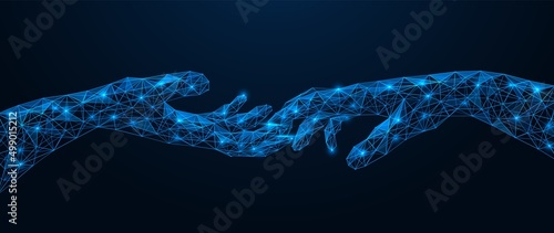 Touching the fingers of the hands to each other. Polygonal design. Blue background.