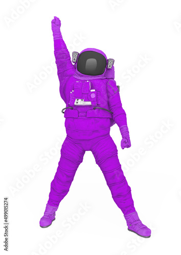 astronaut explorer is doing a power singer pose on white background