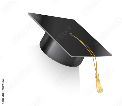 Vector realistic mortar board hat with golden tassel. Graduation cap. University graduation black hat. Academic education symbol, high University bachelor headware