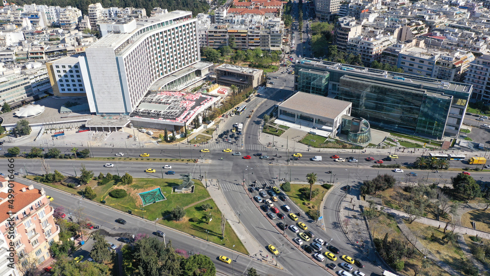 Aerial drone photo of famous cityscape in Athens centre of Vasilisis Sofias Avenue and Vasileos Konstantinou, Attica, Greece