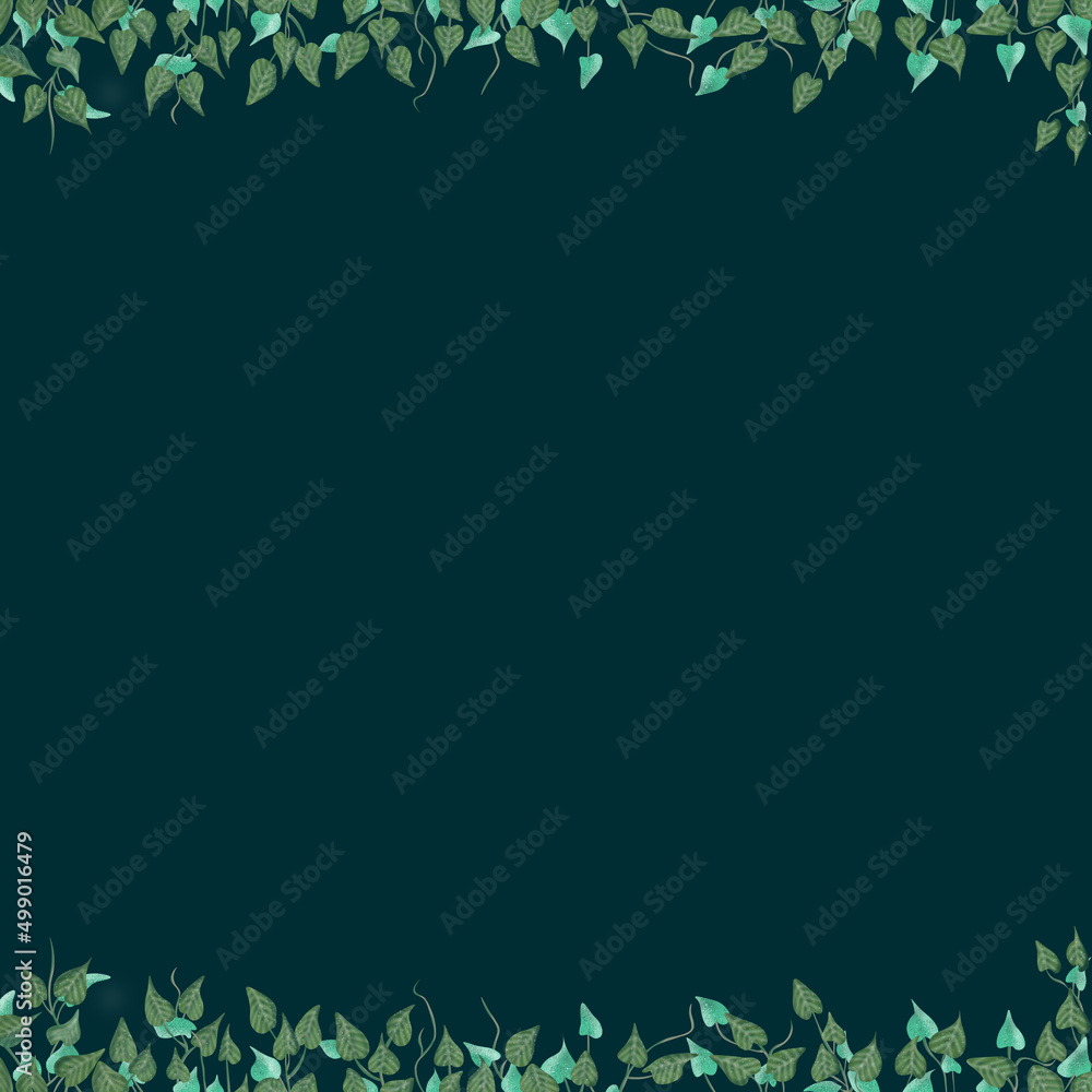 Ilustracja motyw roślinny zielone niebieskie liście na ciemnym tle	 - obrazy, fototapety, plakaty 