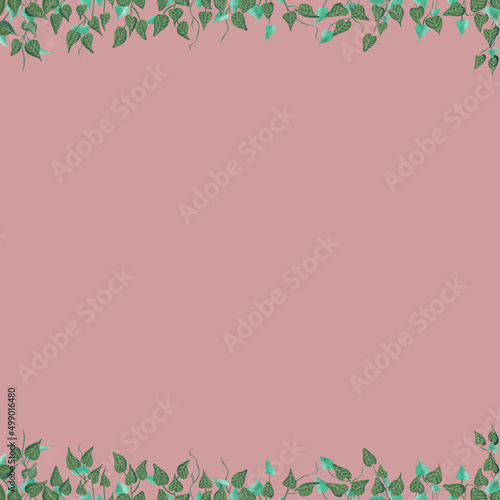 Ilustracja motyw roślinny zielone niebieskie liście na różowym tle 