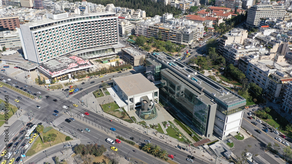 Aerial drone photo of famous cityscape in Athens centre of Vasilisis Sofias Avenue and Vasileos Konstantinou, Attica, Greece