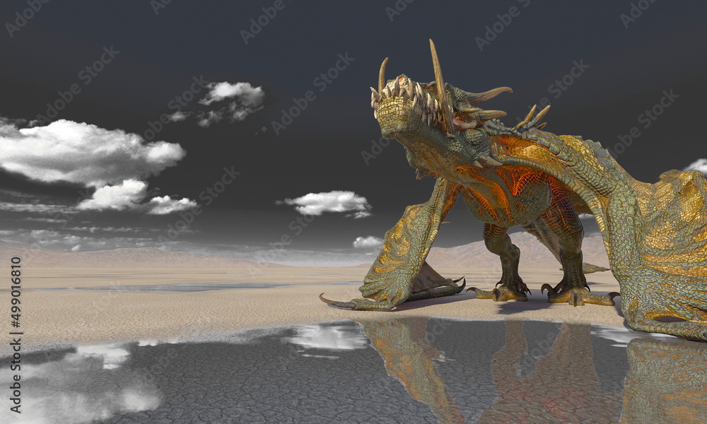 dragon is grounded on the desert after rain side view