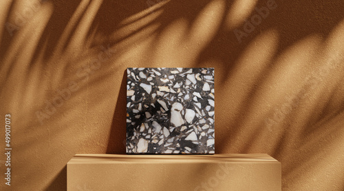 Fototapeta Naklejka Na Ścianę i Meble -  3D podium display on brown, background with black terrazzo  stone. Brown cosmetic, beauty product promotion rock pedestal with palm leaf shadow. Natural showcase. Abstract minimal studio 3D render