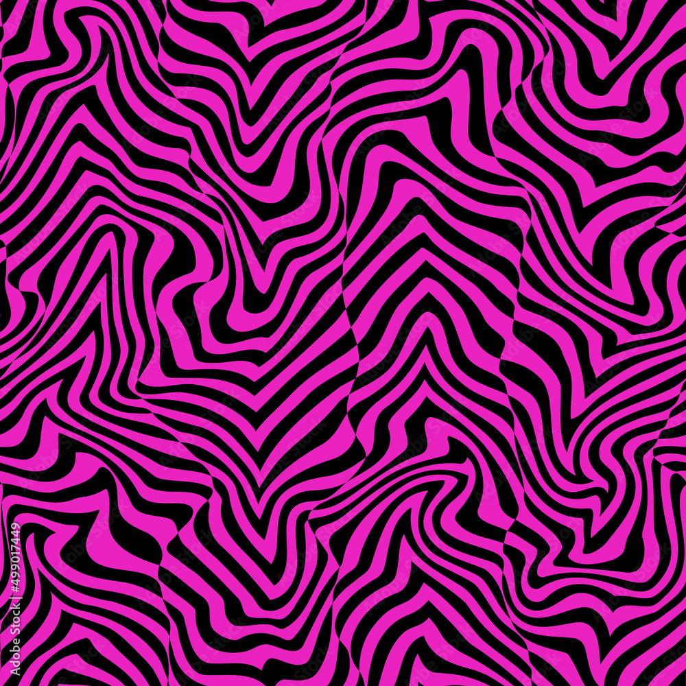 Psychedelic seamless vector pattern. Blended black distorted stripes. Abstract wavy background in metaverse nft style. Optical illusion with swirl effect.