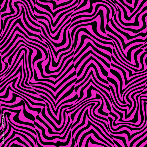Psychedelic seamless vector pattern. Blended black distorted stripes. Abstract wavy background in metaverse nft style. Optical illusion with swirl effect.