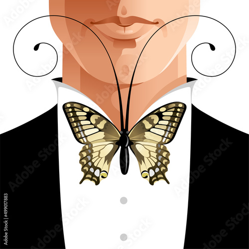 Vector gentleman in tuxedo and elegant butterfly tie. Fashion concept with black man suit, tie bow, jacket. Hipster style illustration for wedding design, music orchestra conductor. Fashion male face