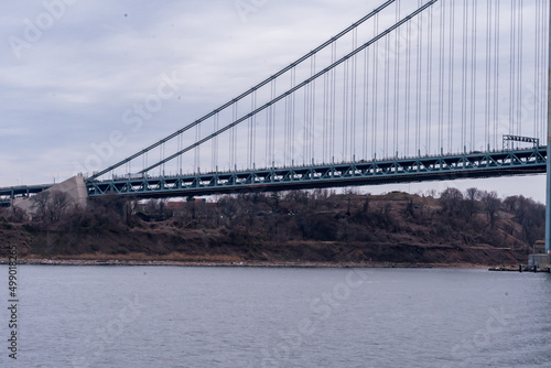 The Verrazano Narrows Bridge connecting Staten Island to Brooklyn as seen from New York Harbor. 