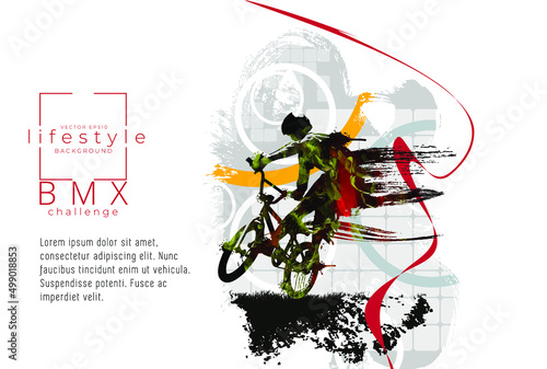 Active young man doing tricks on a bicycle, extreme sport concept. Sport background ready for poster or banner, vector