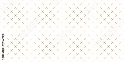 Vector golden minimalist background. Simple geometric seamless pattern with tiny diamond shapes, rhombuses, flower silhouettes. Subtle gold and white abstract texture. Elegant luxury decorative design