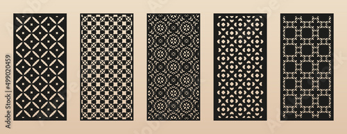 Fototapeta Naklejka Na Ścianę i Meble -  Laser cut patterns. Vector set with floral geometric ornament, abstract grid, mesh. Traditional oriental style design. Template for cnc cutting, decorative panels of wood, metal. Aspect ratio 1:2