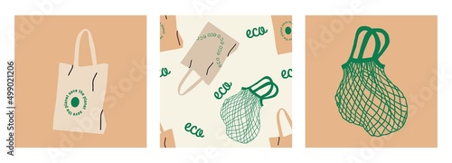 Set of fabric, mesh and wicker eco bag isolated on white background. Modern organic shopper, for trendy women. Vector illustration on flat cartoon style.