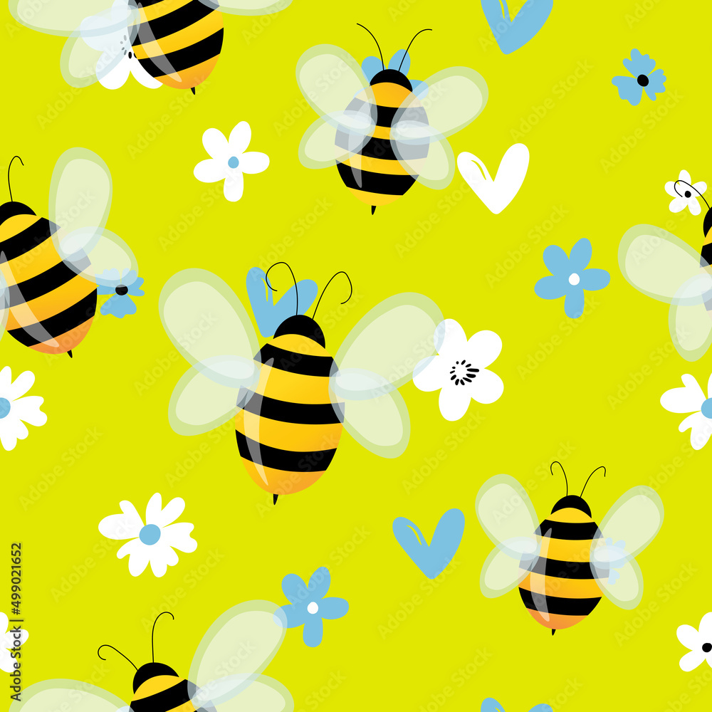 Seamless pattern with bees on floral background. Small wasp. Vector illustration. Adorable cartoon character. Template design for invitation, cards, textile, fabric. Doodle style