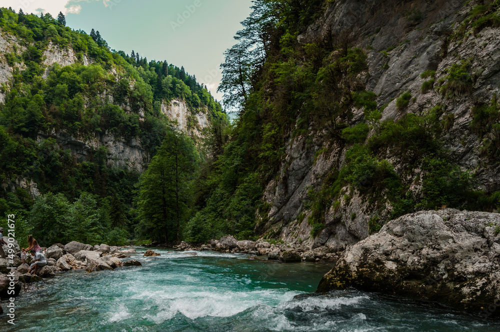 Mountain river with green water is running among tree covered cliffs in the gorge. Shot in Abkhazia