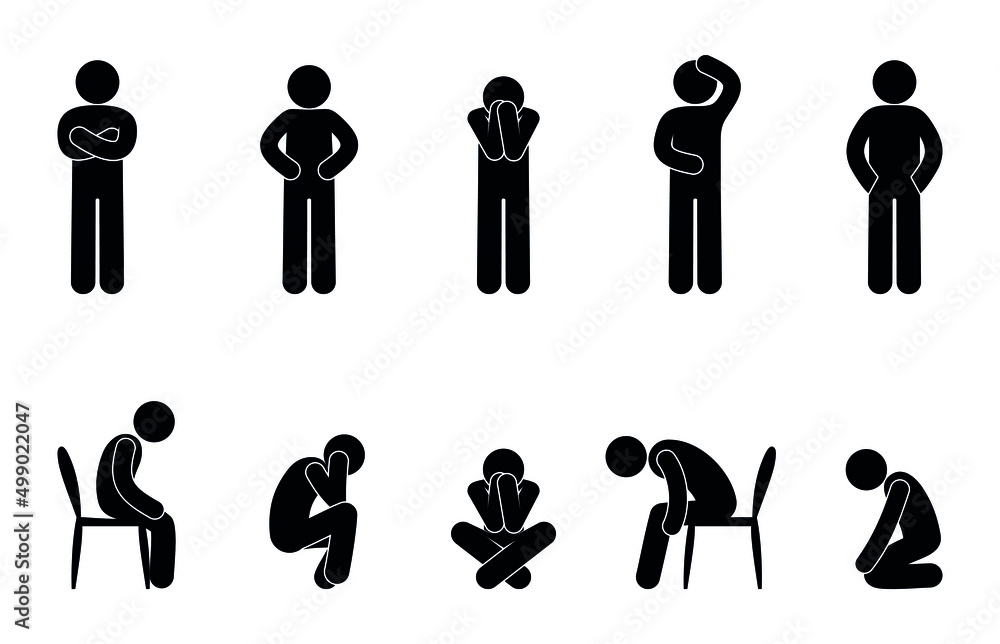 sad man icon, fatigue and pain illustration, stickman in depression ...
