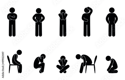 sad man icon, fatigue and pain illustration, stickman in depression, stick figure human silhouette
