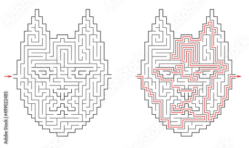 Cat head maze. Difficult vector labyrinth with entry and exit. Riddle with solution - red passing route. Logic game for brain training isolated on white background.