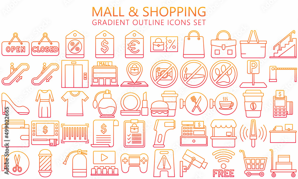 Market Shopping mall, retail, gradient outline icon set with sale offer and payment symbols. Used for web, UI, UX kit and applications, vector EPS 10 ready convert to SVG