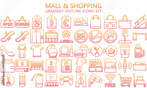 Market Shopping mall, retail, gradient outline icon set with sale offer and payment symbols. Used for web, UI, UX kit and applications, vector EPS 10 ready convert to SVG