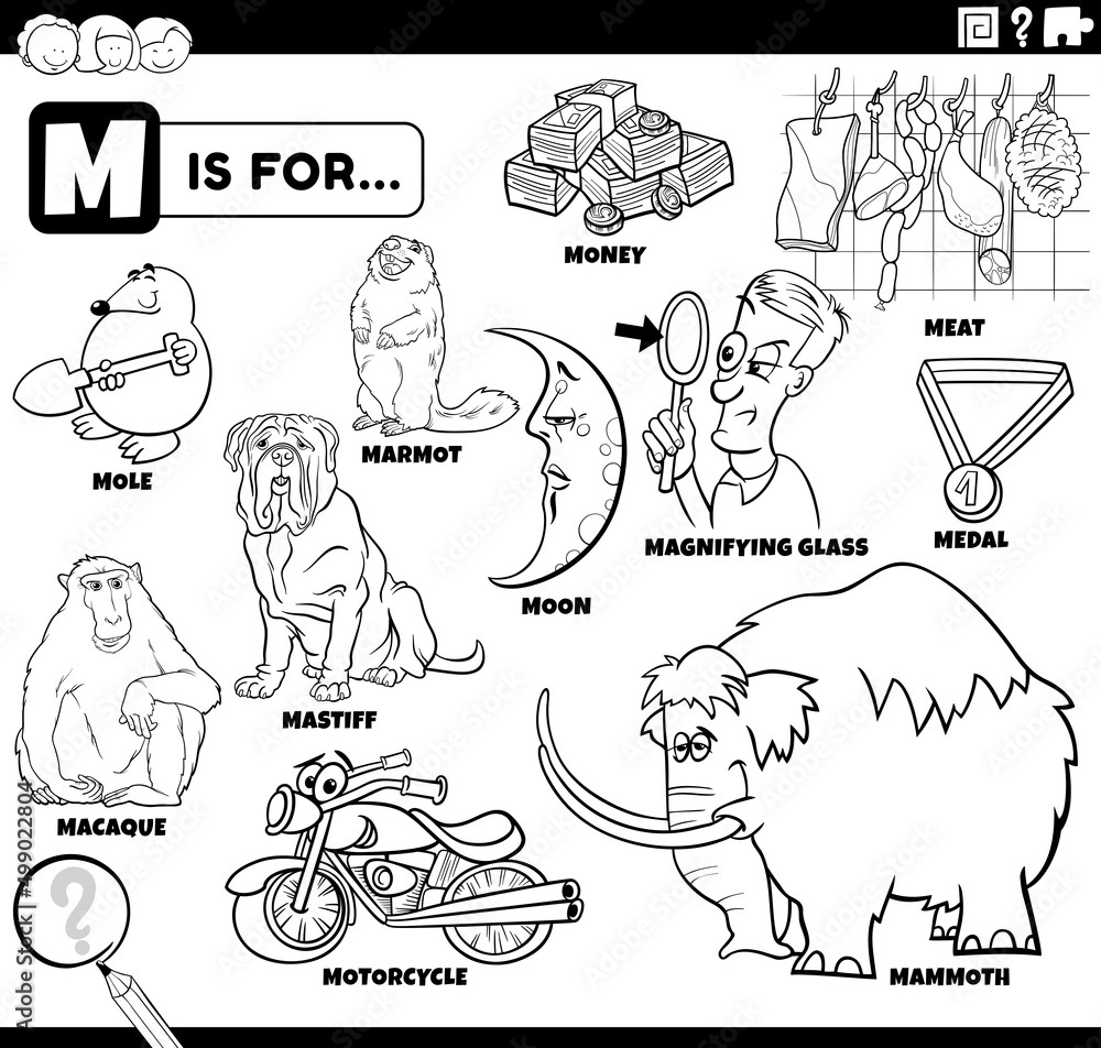 letter m words educational set coloring book page
