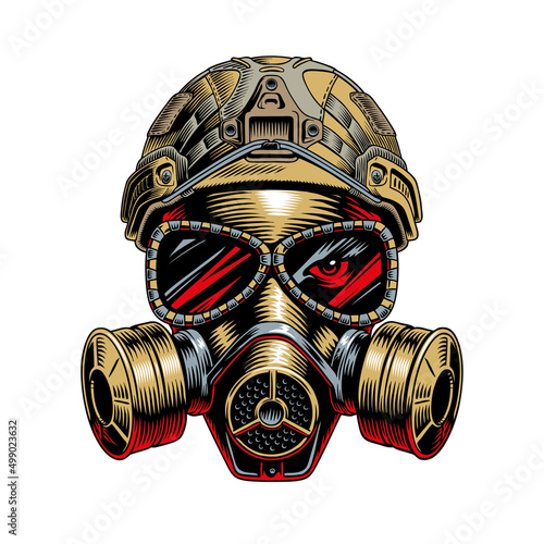 Gas mask and military tactical helmet isolated on white background. Chemical weapon or  biohazard concept. Vector illustration.