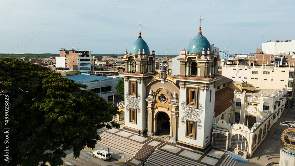 Main church of the city of Tumbes, in the north of Peru. Aerial shot