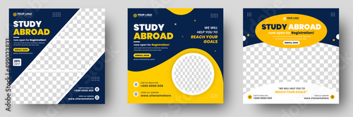 Study abroad social media post banner design. higher education social media post banner design set. school admission promotion banner. school admission template for social media ad.