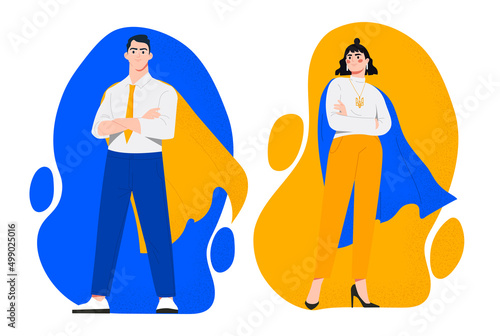 Ukrainian entrepreneurs concept. Man and woman in blue and yellow superhero capes develop business and promote company. Politician or journalist. Cartoon flat vector set isolated on white background