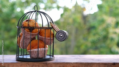 delicious biscuit cupcakes locked in an iron cage, wooden table in garden, hand reaches for sweets, concept of an outdoor tea party, unhealthy eating, calorie restriction, sweet life locked up photo