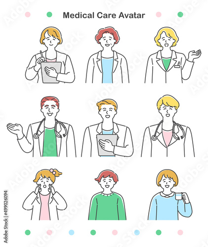 笑顔で案内する男女の医者と子供　シンプルでかわいいイラストセット