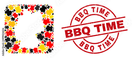 Germany map mosaic in Germany flag official colors - red, yellow, black, and rubber BBQ Time red round watermark. BBQ Time stamp uses vector lines and arcs.